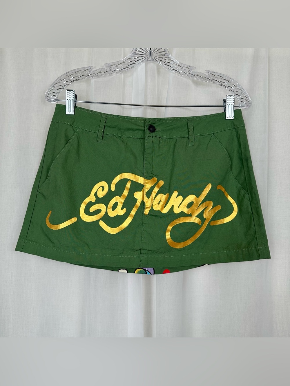 Ed Hardy Love Kills Slowly Micro‎ Mini Skirt Size M Green Gold Print Y2K